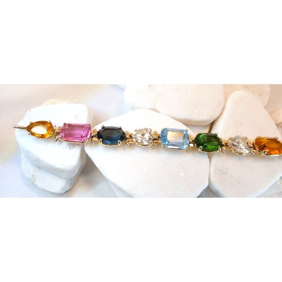 Chunky Gold Plated 925 SS Multi Color Gemstone Tennis Bracelet 7.25" - Picture 5 of 8